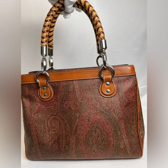 RARE Entro Paisley Handbag Satchel Satin Braided handles Fuchsia Lining vintage - Picture 2 of 16